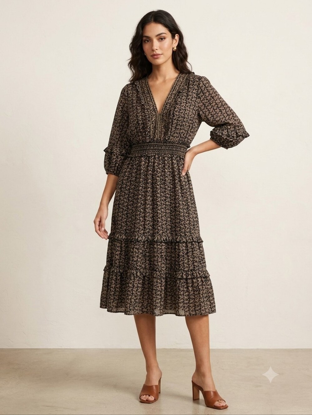 Max Studio Black Floral Midi Dress